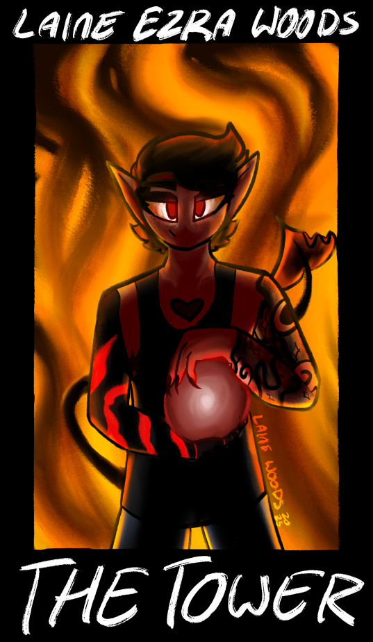 a drawing of Laine as a Tower tarot card.